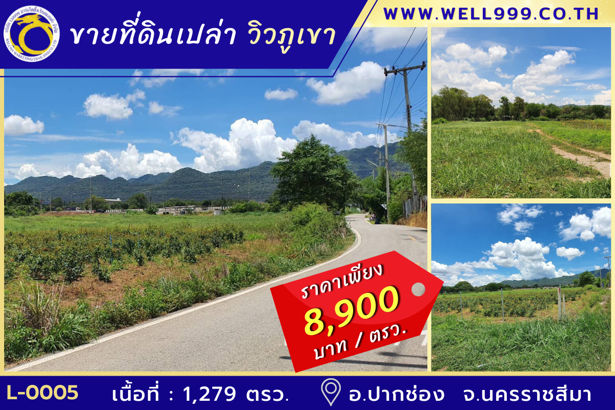 ขาย: ที่ดิน เปล่า ( วิวภูเขา) เนื้อที่ : 1,279 ตรว ราคา : 8,900/ ตรว. ที่ตั้ง: อ. ปากช่อง จ. นครราชสีมา  พื้นที่เหมาะสำหรับปลูกที่อยู่อาศัย  หรือบ้านพักตากอากาศ 